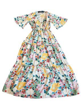 Code X Mode Ivory Floral Tiered Maxi Dress Bell Sleeve V Neck Boho Small Women's